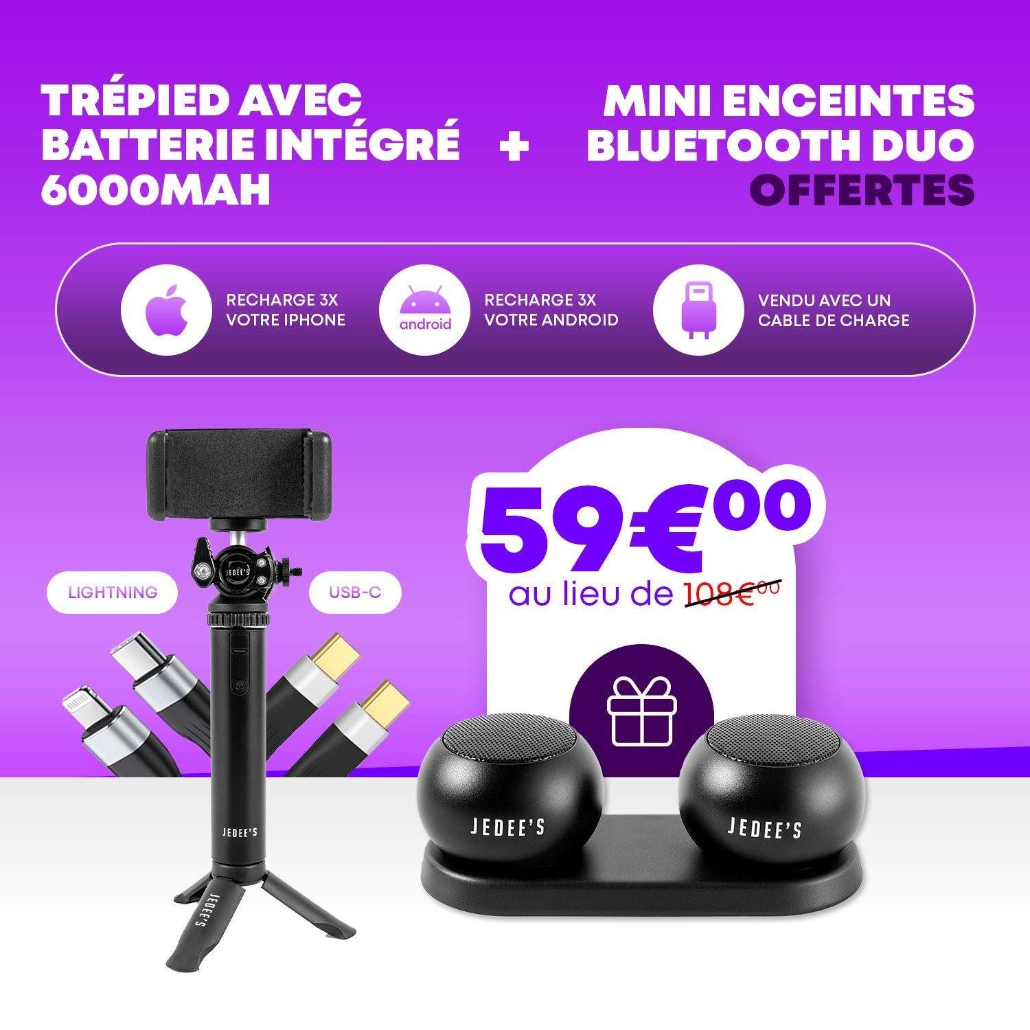 Trépied Avec Batterie Intégré 6000mAh Mini enceintes Bluetooth duo offertes