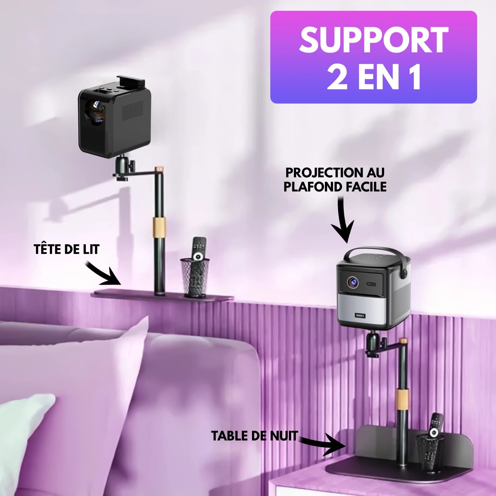 Support 2 en 1 pour Projection Facile au Plafond, Installation sur Tête de lit et Table de Nuit